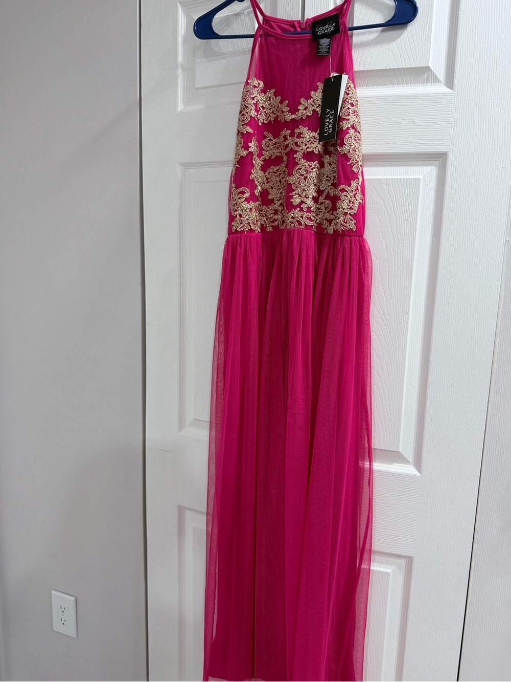 Xtraordinary Hot Pink Tulle Gown with Gold Lace Bodice - Girls Formal